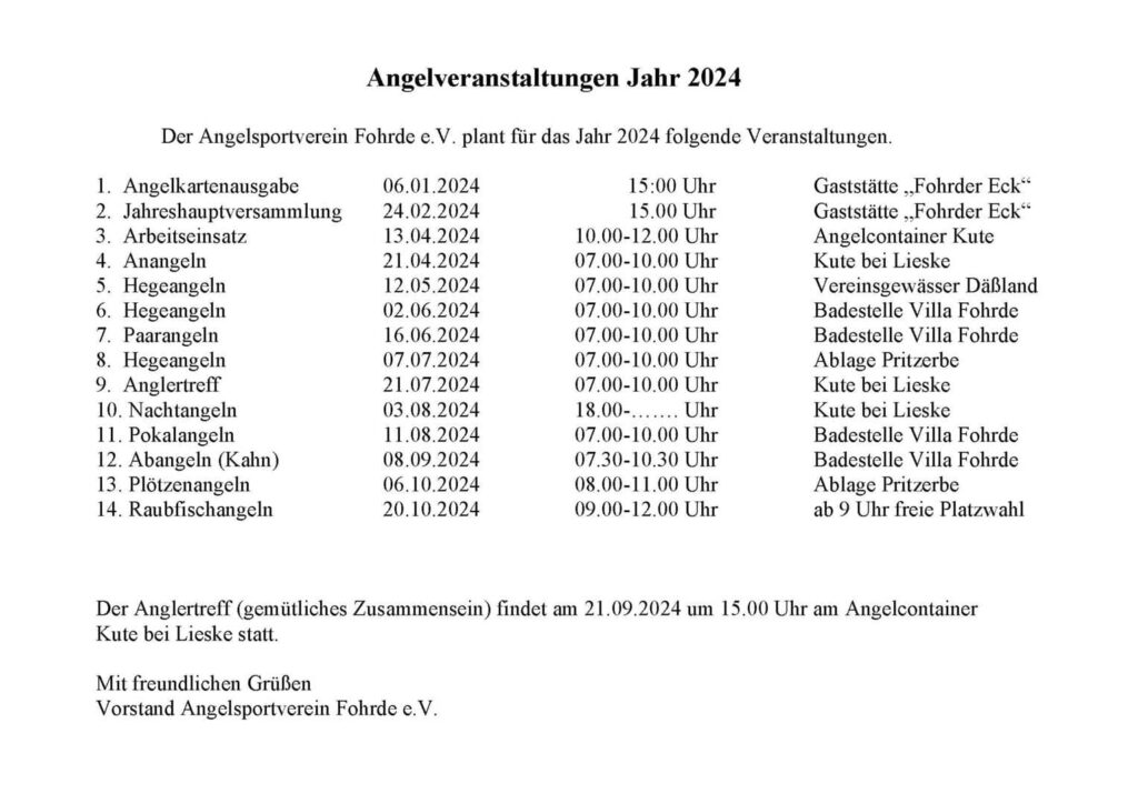 Angelveranstaltungen im Jahr 2024 vom Angelsportverein Fohrde e.V.