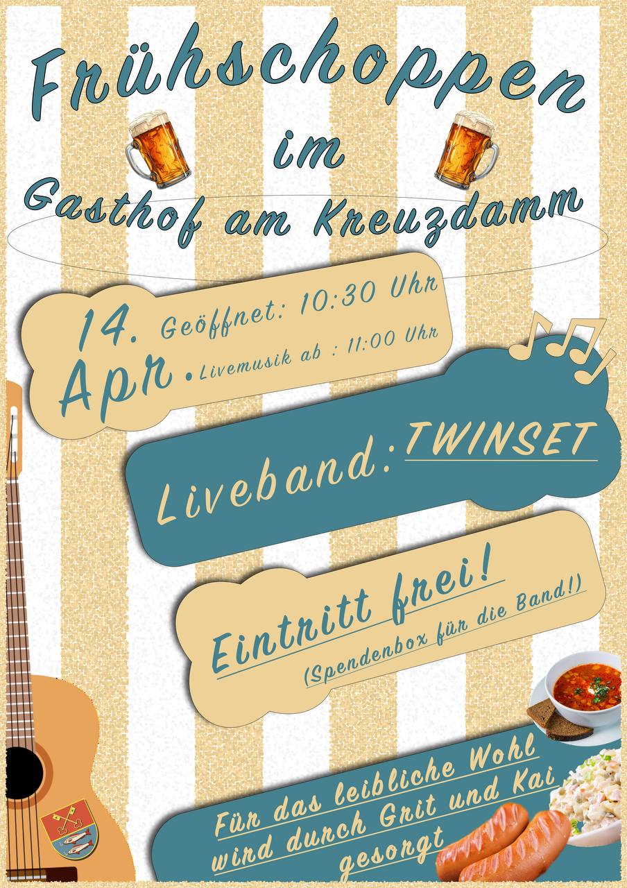 Flyer zum Frühschoppen in Pritzerbe im April 2024 mit der Band Twinset